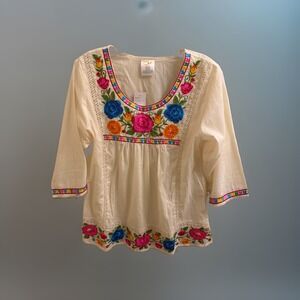 Durga Women's Top Heavily Embroidered Floral Shirt Vibrant Multicolor Med White